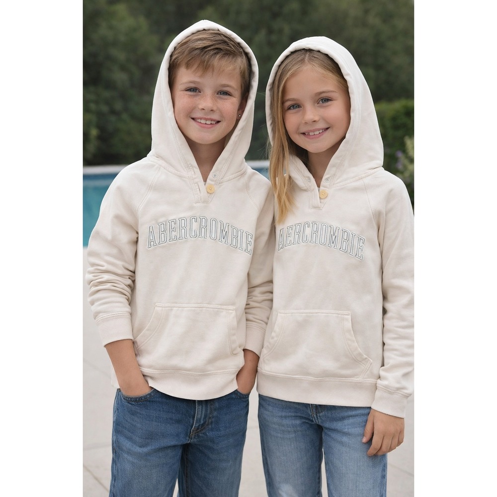 Abercrombie and Fitch Kids Cream Embroidered Logo Henley Hoodie Sweatshirt M